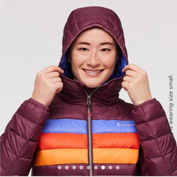 Cotopaxi Women's 1X Fuego Hooded Down Jacket Wine Stripes Maroon Blue NWT - Picture 14 of 15